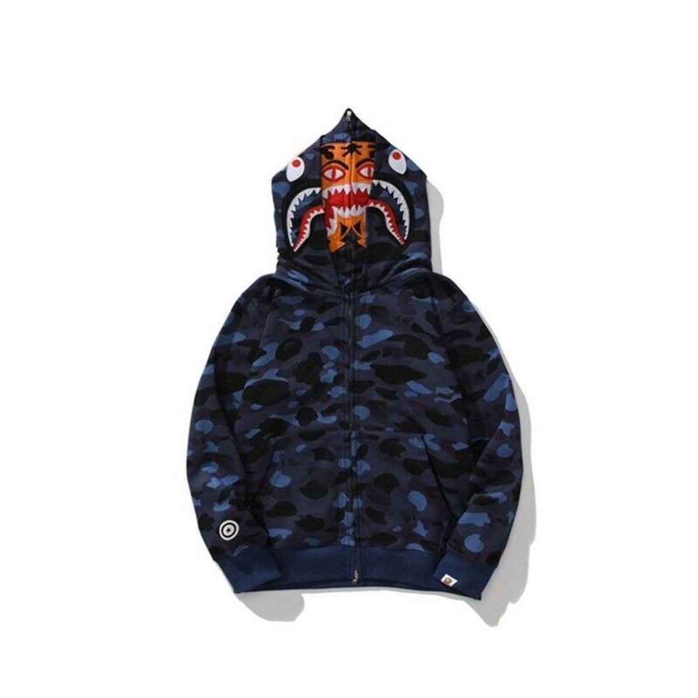 Bape BLUE Camo Tiger Shark Wide Full Zip Double Hood Hoodie LARGE Bathing Ape - Picture 13 of 16